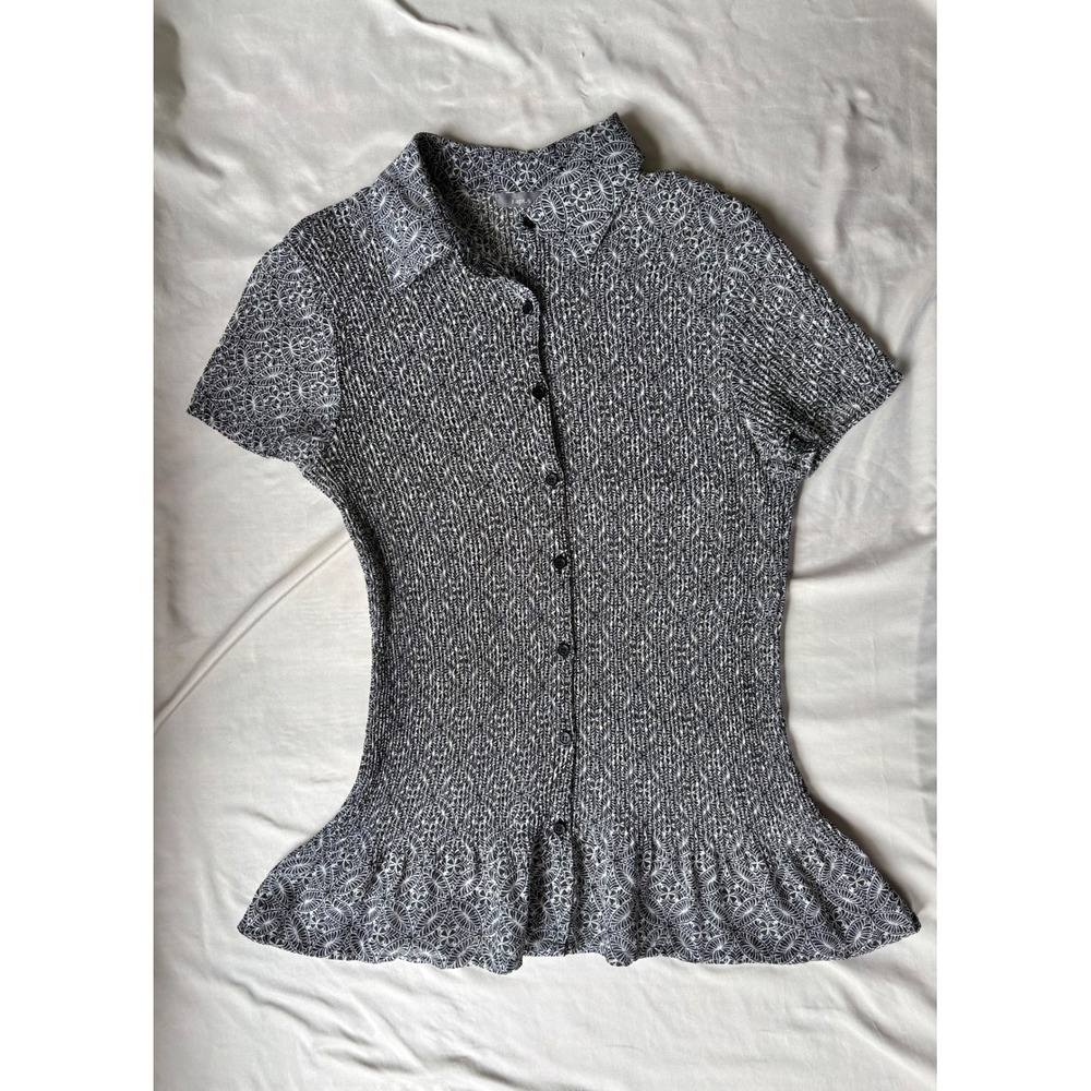 Apt. 9 Womens Black White Popcorn Crinkle Peplum Blouse Short Sleeve Top Small